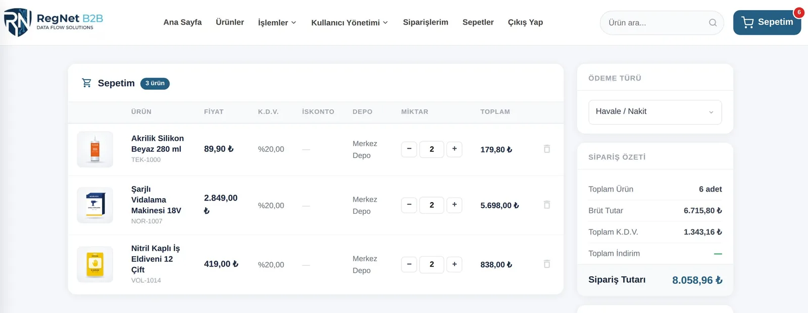 Sepet: satır bazında fiyat, KDV, iskonto ve depo