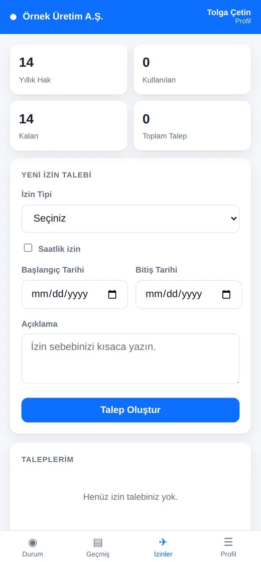 İzin talebi ve kalan bakiye