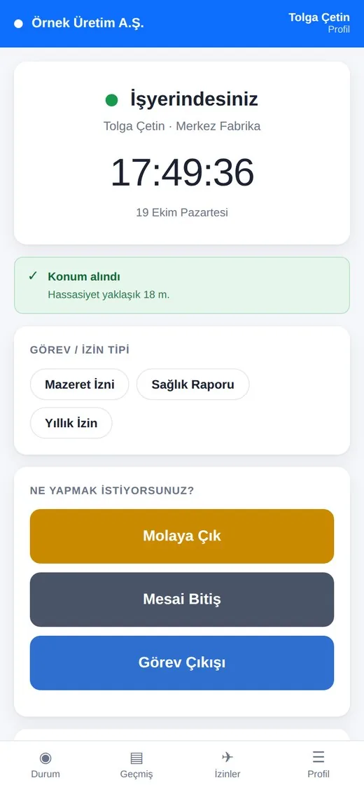 Okutma ekranı: işyerindesiniz, saat, konum alındı ve işlem seçenekleri