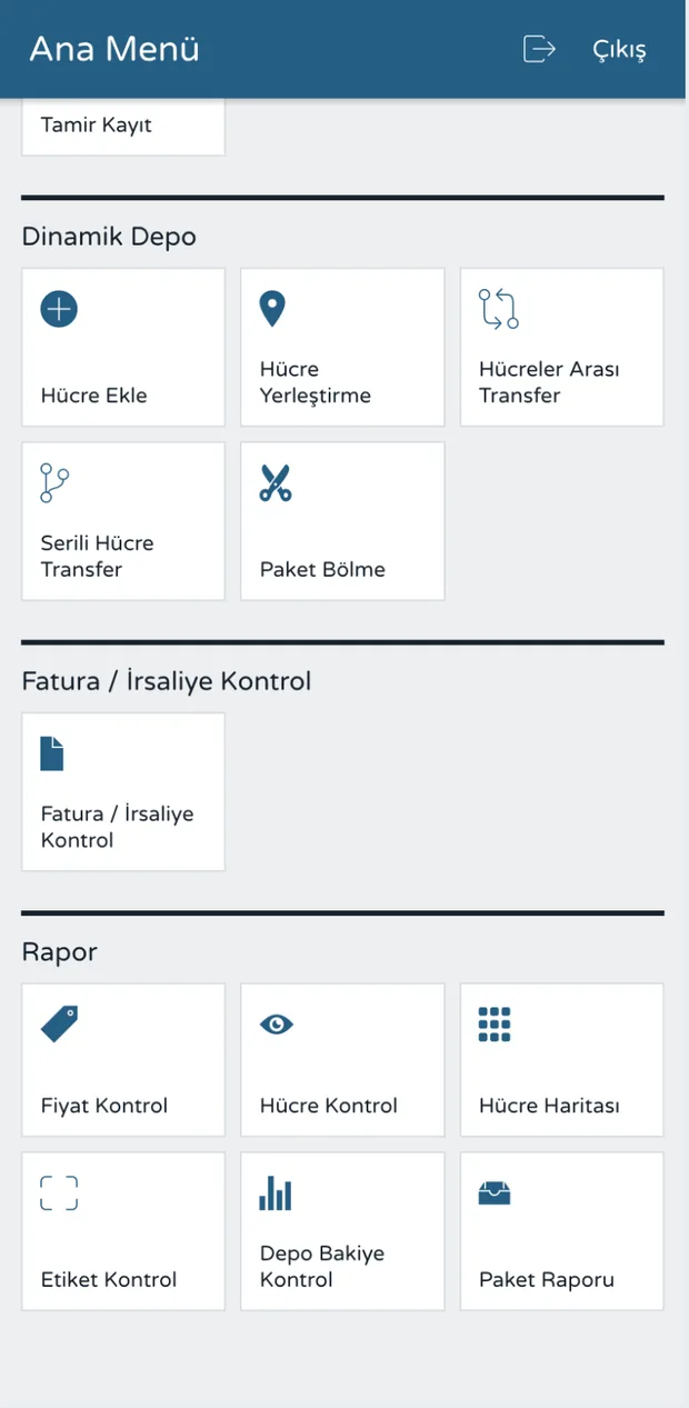 Dinamik depo ve rapor menüsü